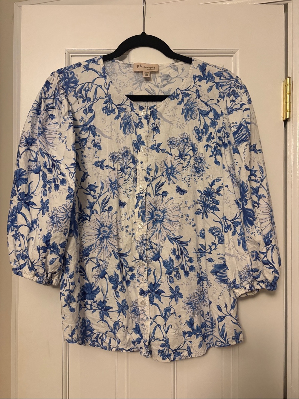 Philosophy White Blouse with Blue Floral Print